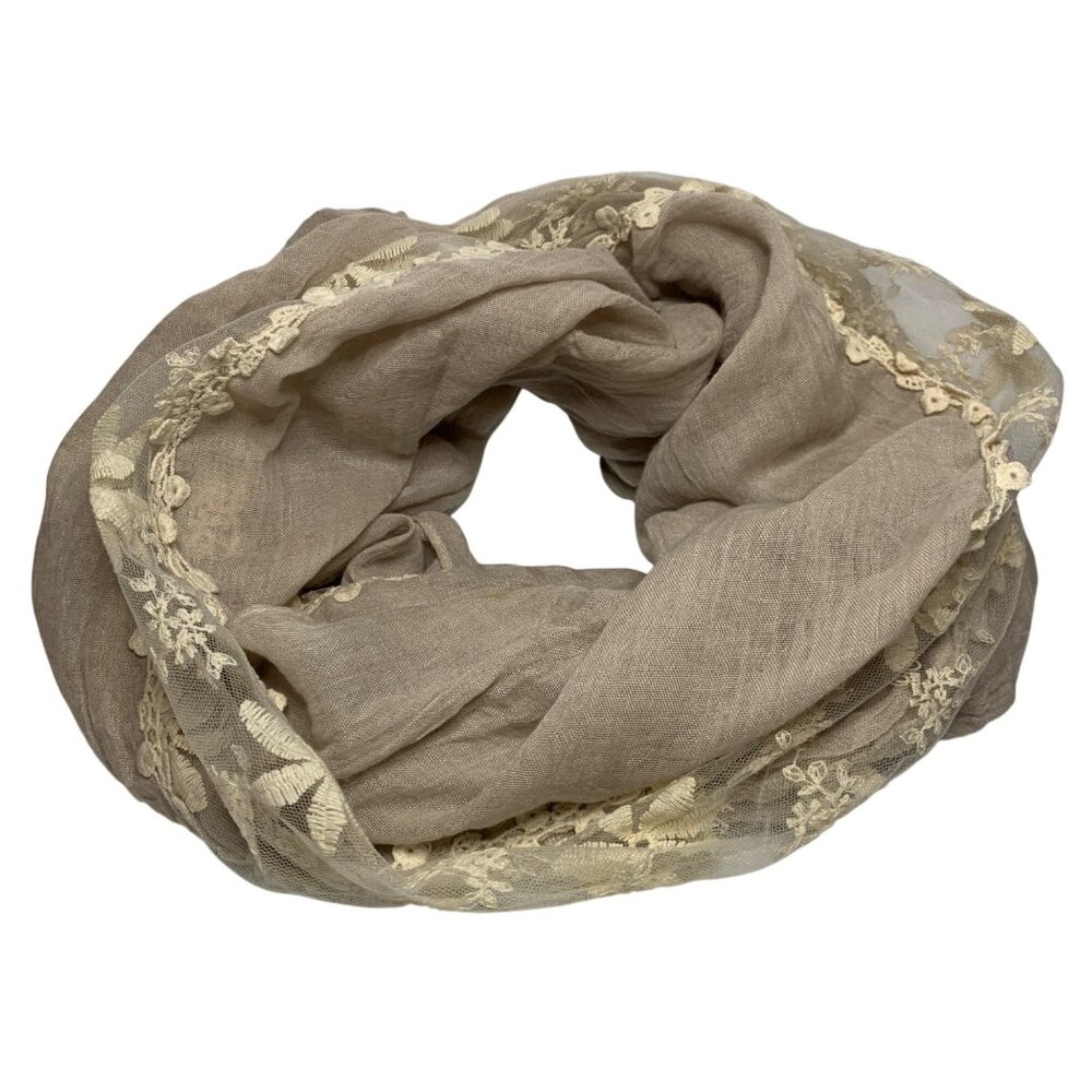 Circle Infinity Scarf Taupe Lace Embroidered Cream Flowered‎ Appliquéd Romantic